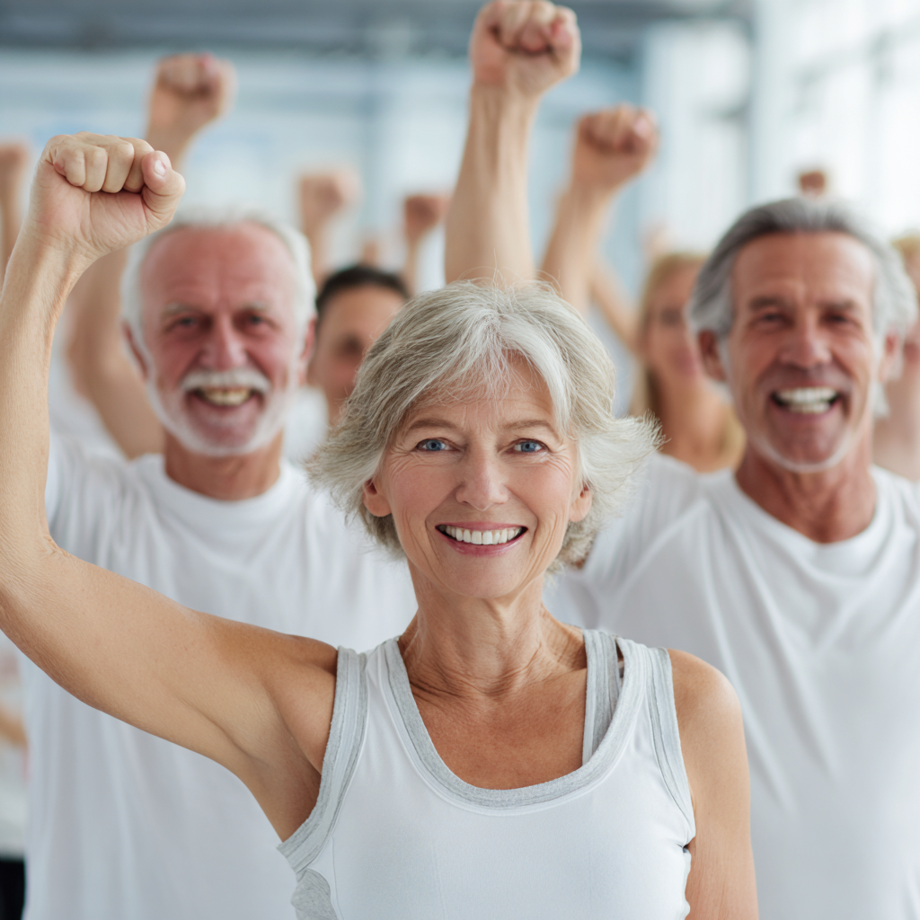 Group of middle-aged adults celebrating fitness achievements