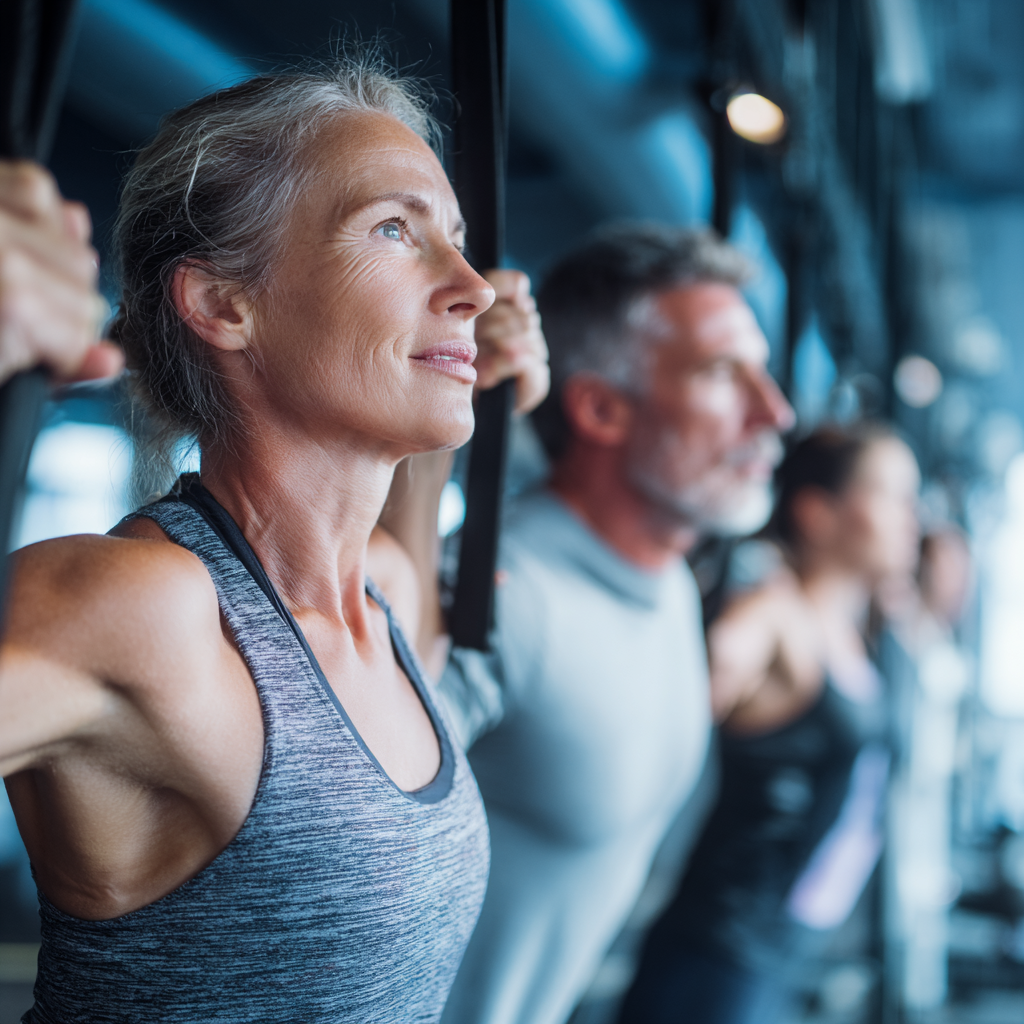 Mature adults engaging in functional fitness training at modern gym